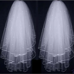 Cheap Three Layers Ribbon Edge Wedding Veil Pearls White Ivory Short 3 Layers Bridal Veil 2021