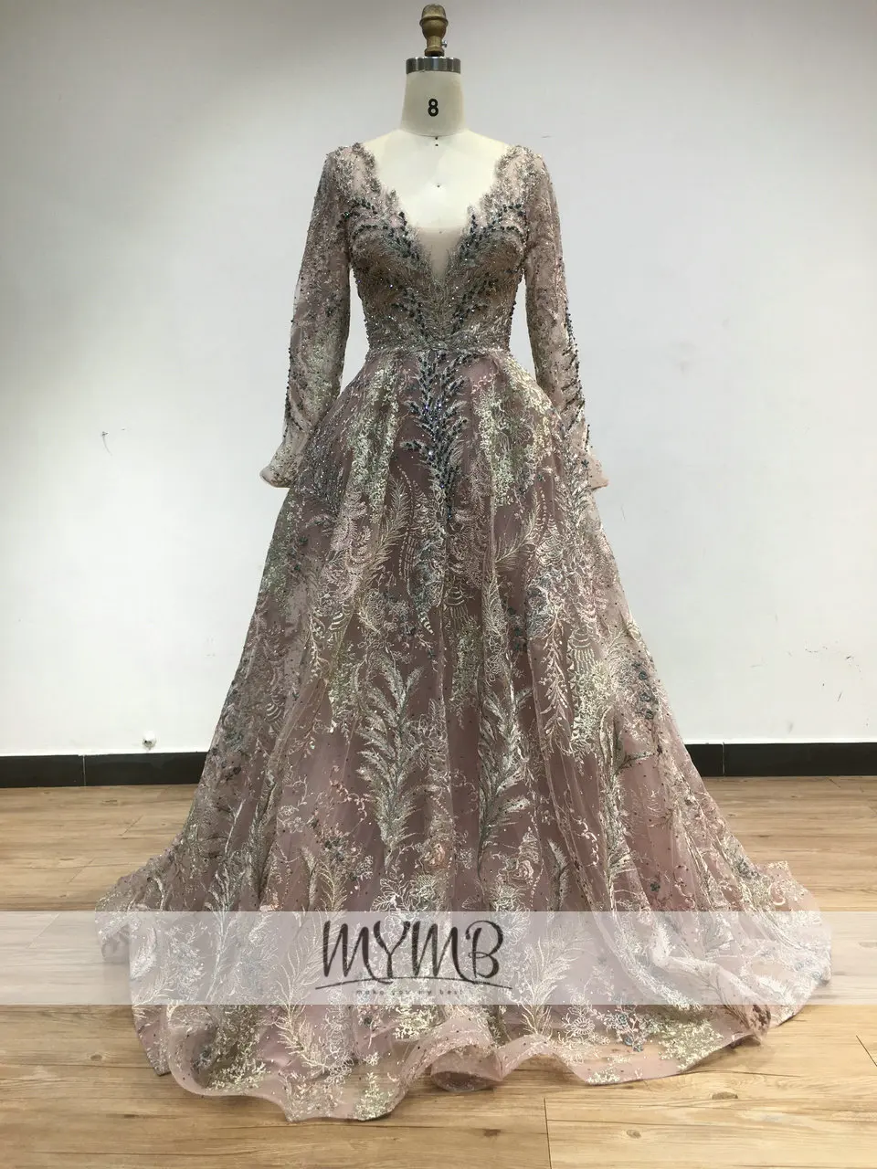 แขนยาว V คอลูกไม้เย็บปักถักร้อยงานแต่งงานชุด MYMB 2022มาใหม่ Exclusive สาย Puffy Ball Gown สำหรับผู้หญิง