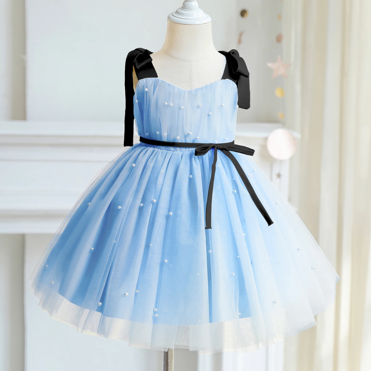 Elegant Kid Dress for Girl Tutu Fluffy Princess Pearls Wedding Gown Children Birthday Party Dress Summer Girl Sleeveless Clothes