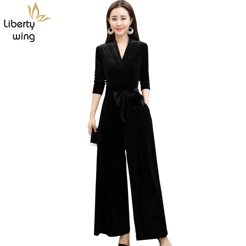 Jumpsuits For Fashion Korean High Waist Wide Leg Elegant V Neck Slim Fit Women Rompers Jumpsuit Plus Size