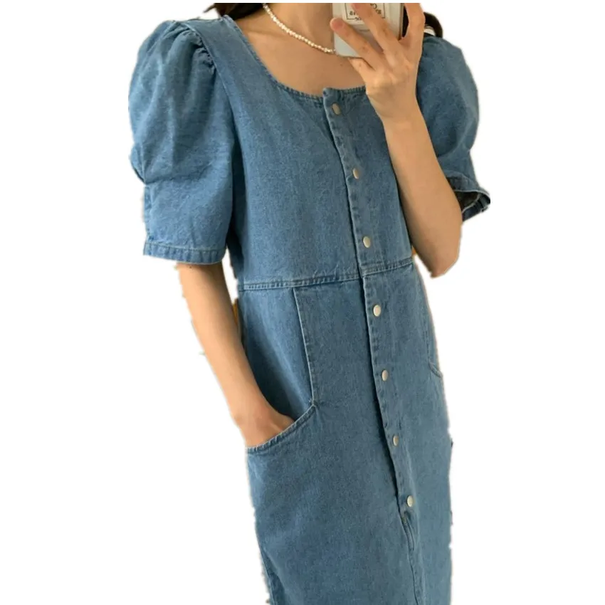 

2021 summer vintage square collar denim dress women puff sleeve a-lone dresss