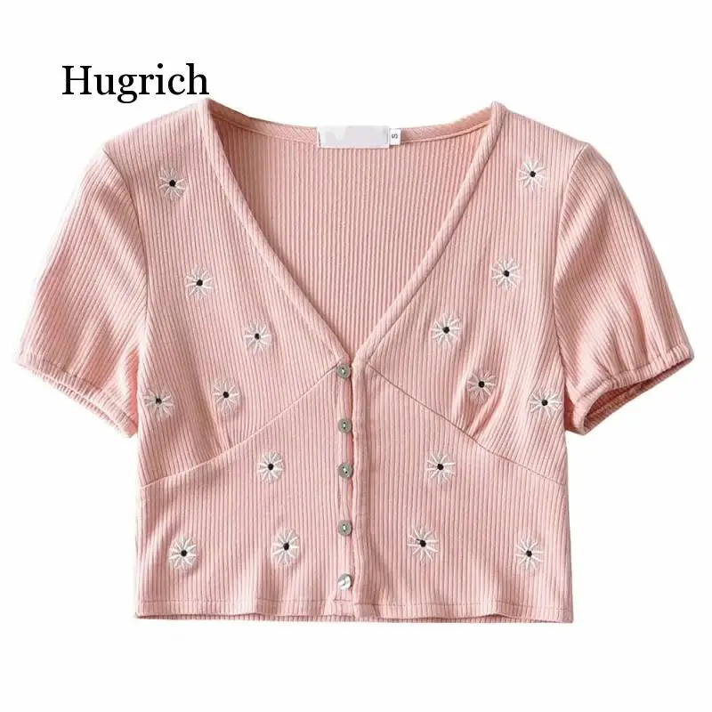 2021 Hot Sell Little Daisy Embroidery Short Sleeve T-Shirt Female Ins Style Women's Summer Sexy Purple Top