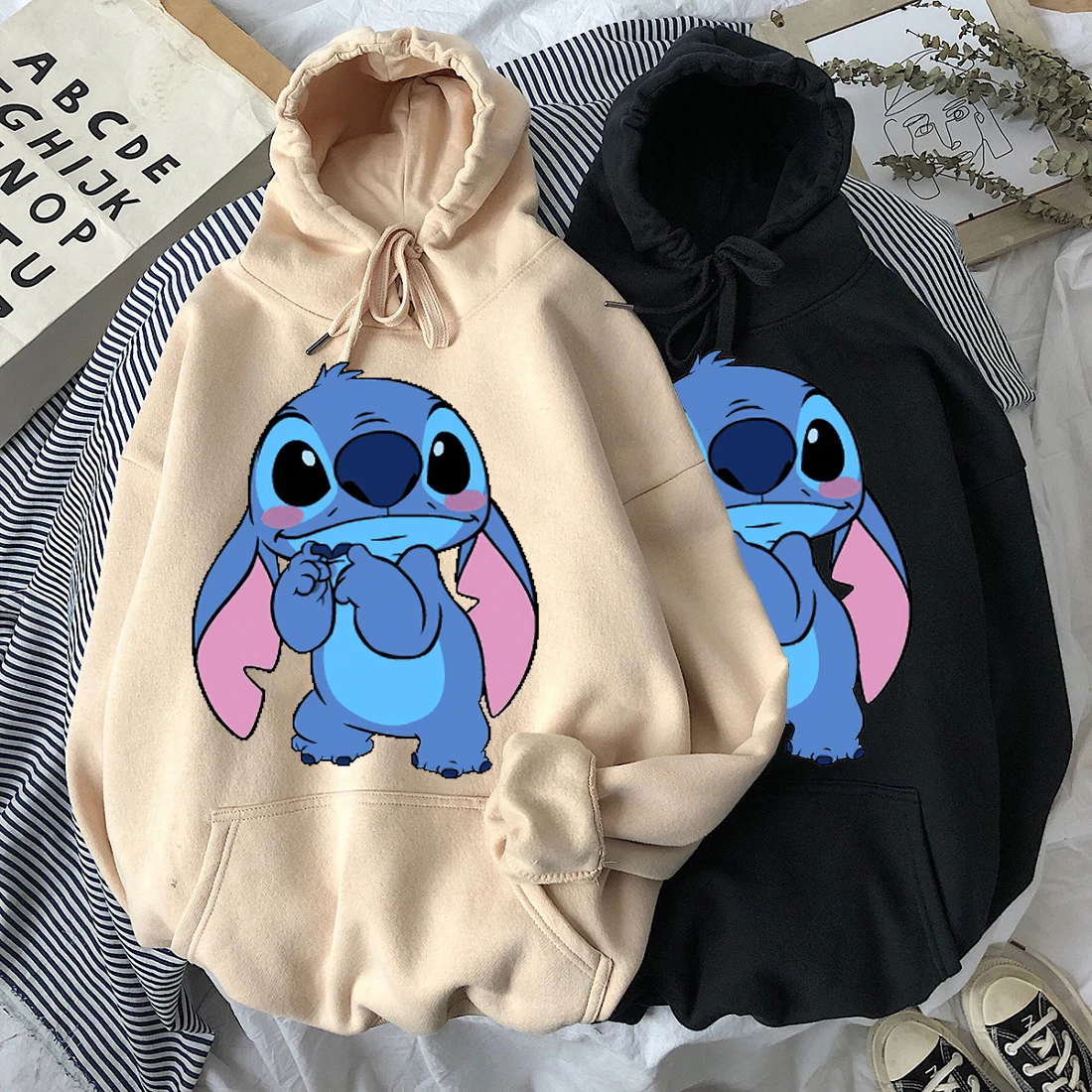 Disney Hoodie Women\'s Harajuku Pullover Cute Kawaii Casual Top O-Neck Angel Print Hooded Sweatshirt Long Sleeve