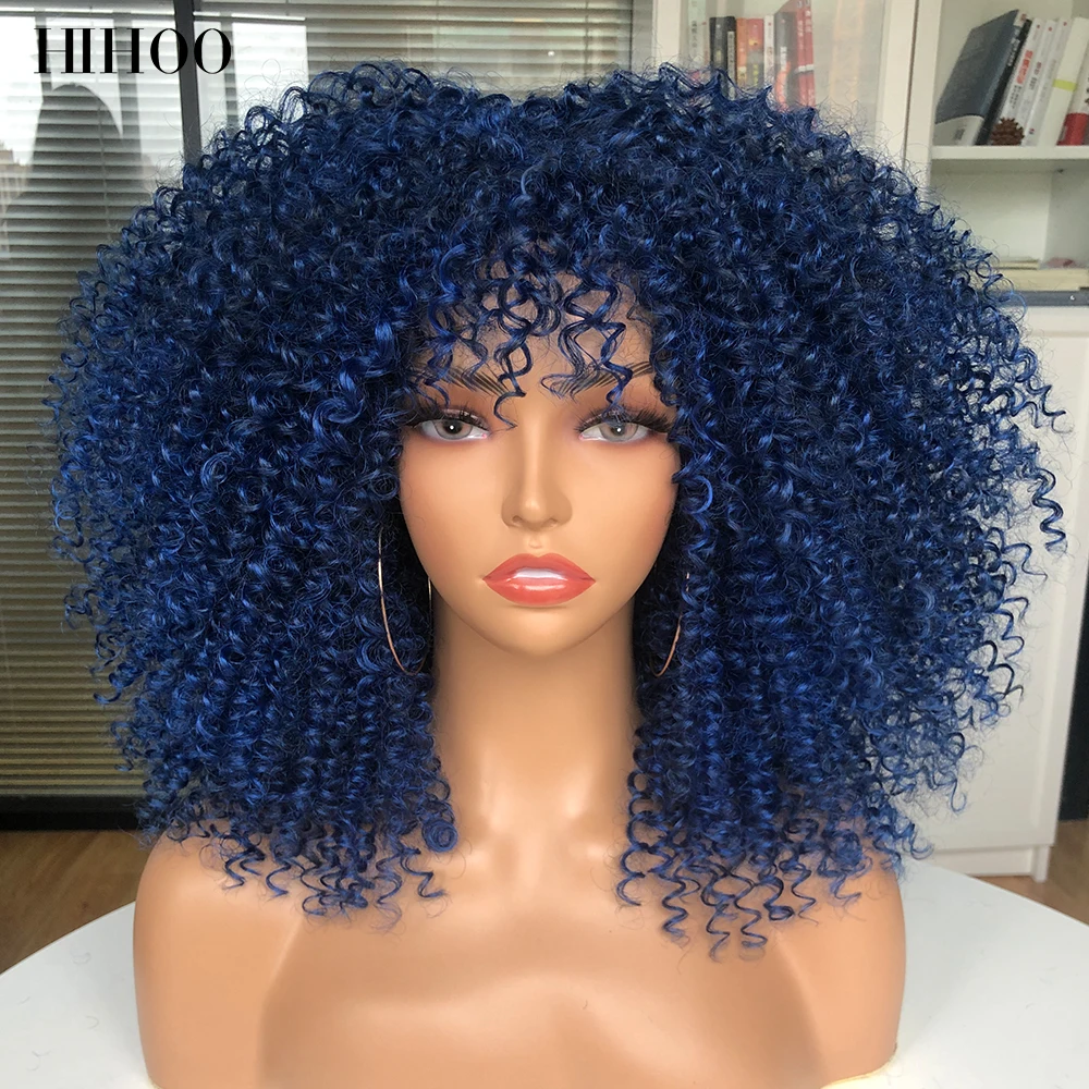 Short Afro Kinky Curly Wigs With Bangs For Black Women 16\'\' Synthetic African Blonde Cosplay Wigs Natural White Green