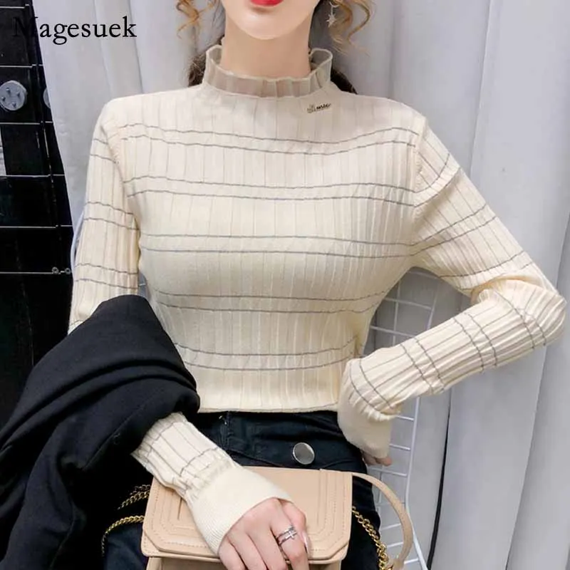 

Half-Collar Long Sleeve Knitted Jumper Sweater Female 2020 Winter Slim Fit Lace Splicing Tops Pullovers Striped Sweater 11212