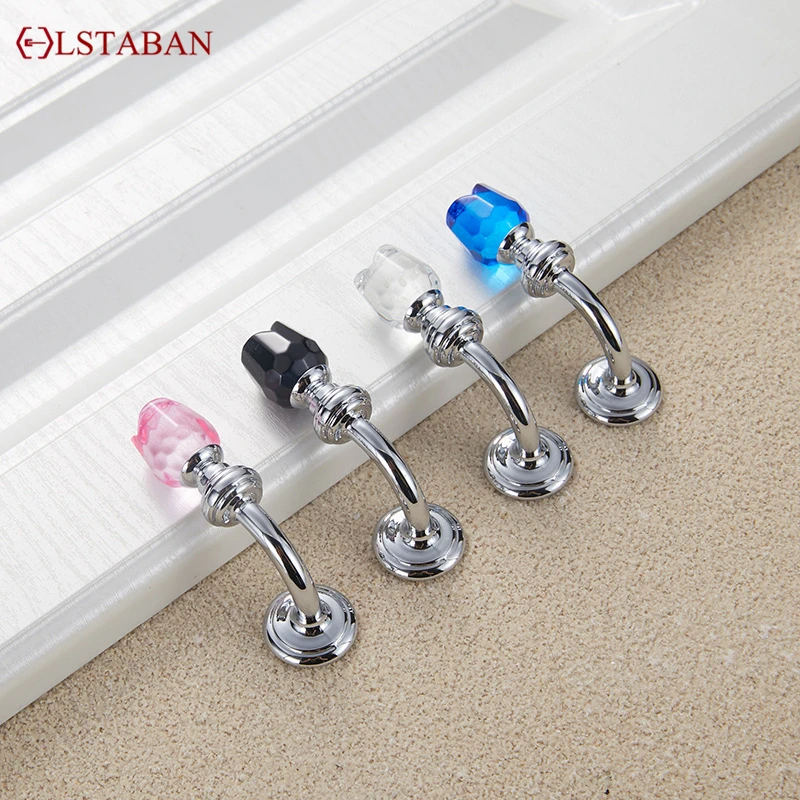 European Style Glass Crystal Knob Transparent Simple Art Rose Flower Type Drawer Cabinet Door Single Hole Handle