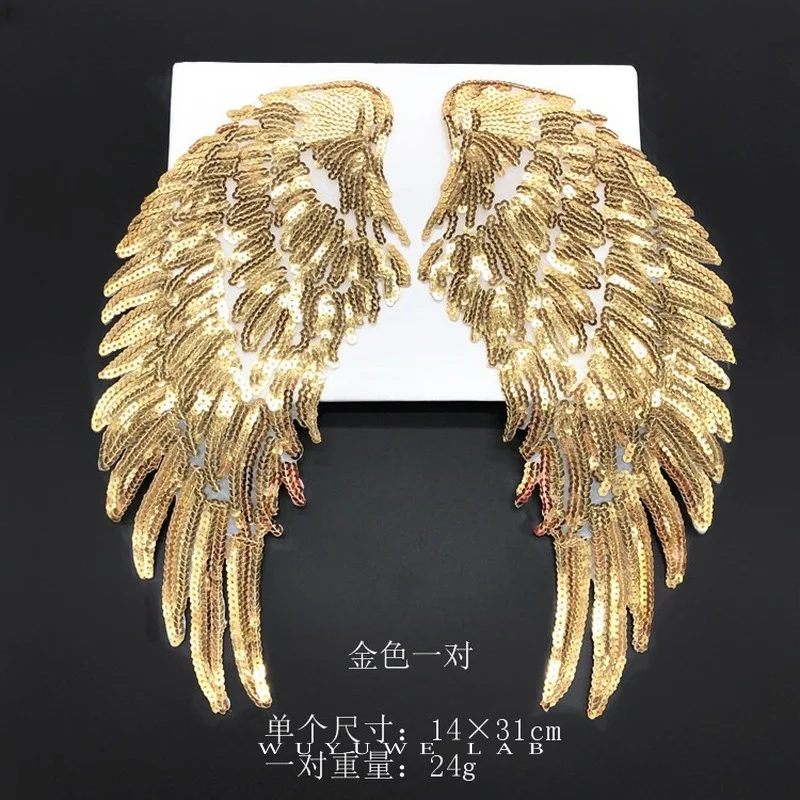 1pairs Gold Silver Black Sequin Large Angel Wings Patch Badge Iron On Patches For Clothes Stickers Fabric Sewing Accessories