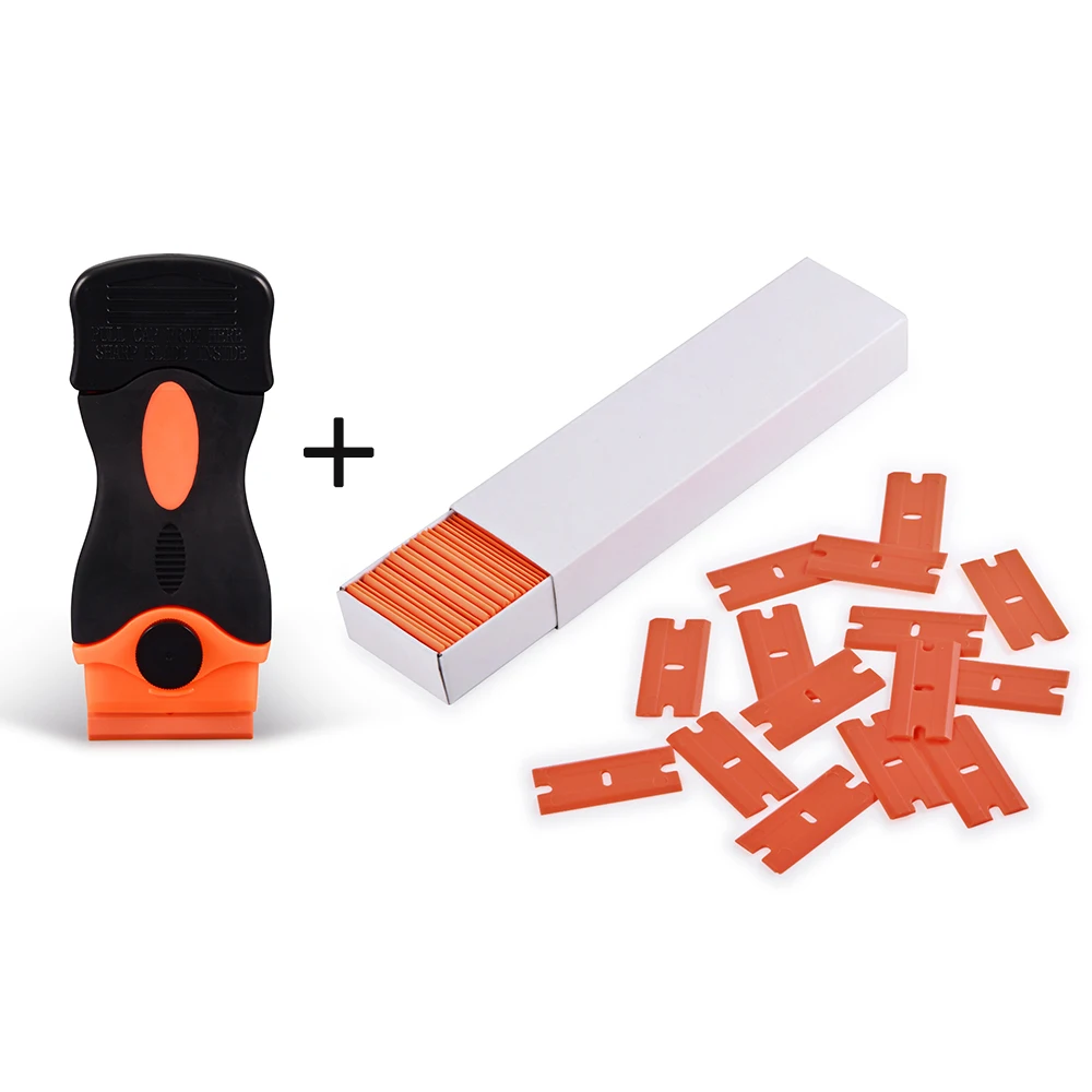 

100PCS Plastic Blade+Black Orange Razor Scraper Glass Dirt Cleaning Squeegee Stickers Remover Car Cleaning Sticker Remover Tools