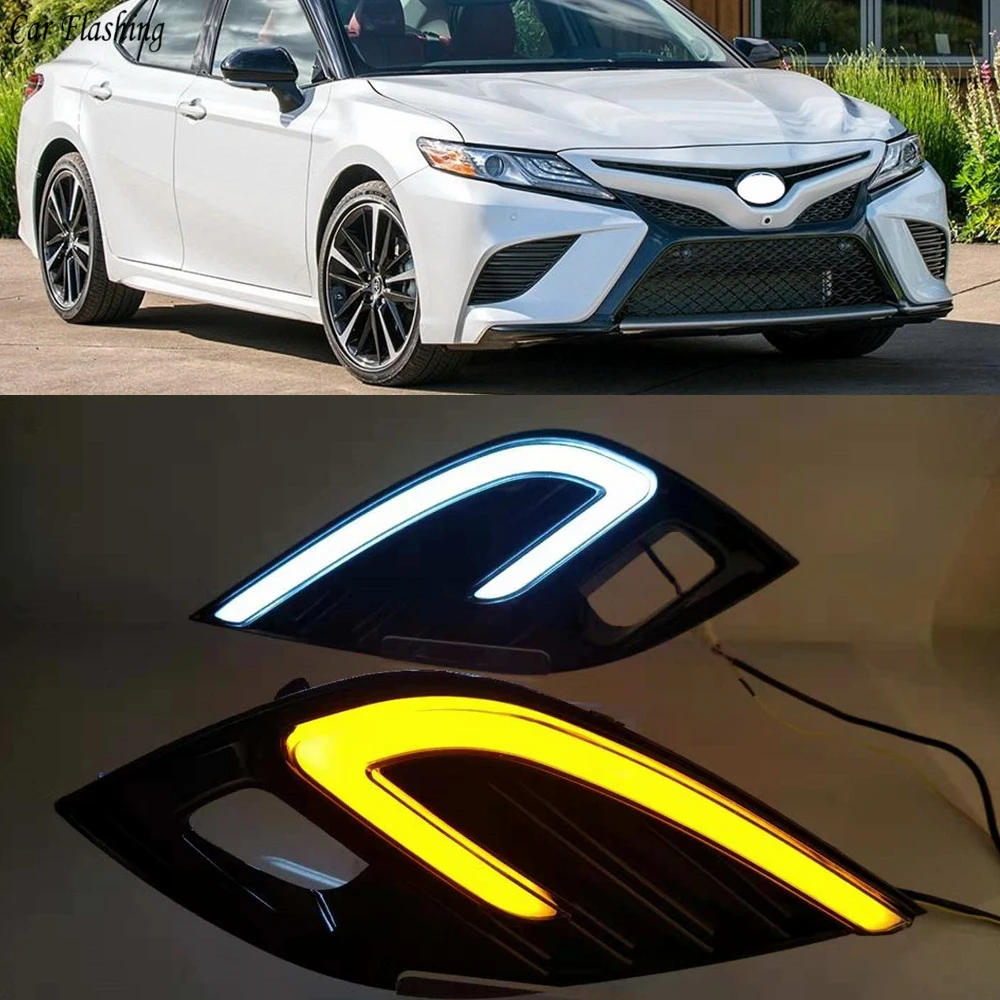 For Toyota Camry 2018 2019 2020 XSE SE DRL LED Fog Lamp Daytime Running Lights White Driving Light with Yellow Turn Signal