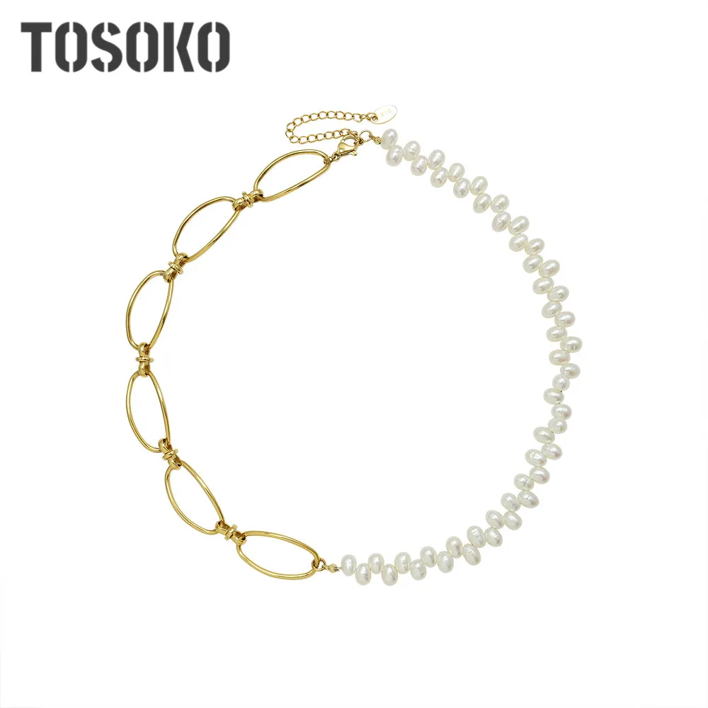 

TOSOKO Stainless Steel Jewelry Oval Geometric Chain Retro Accessories Women's Elegant Freshwater Pearl Necklace BSP010