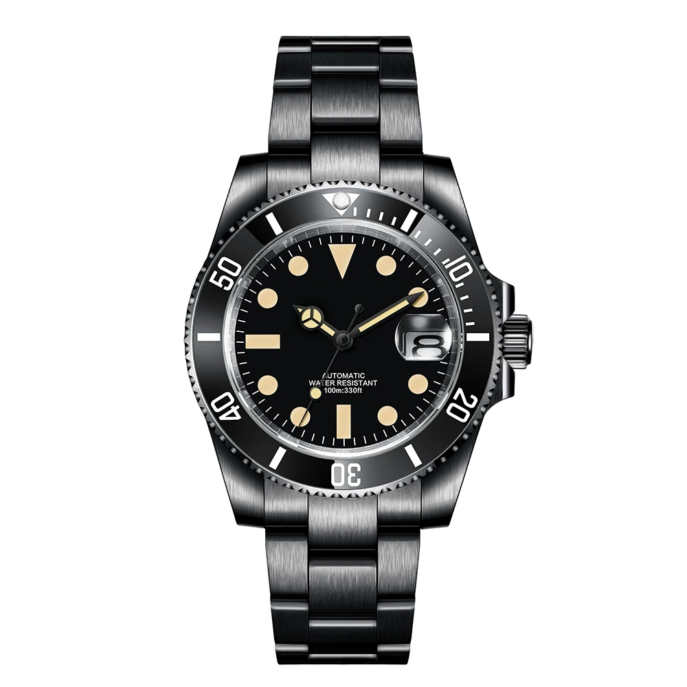 40Mm Mannen Horloge Saffier Crystal Black Pvd Nh36 Miyota Automatische Mechanische Keramische Bezel 10bar Swim Date Mannelijke Klok Steriele Wijzerplaat