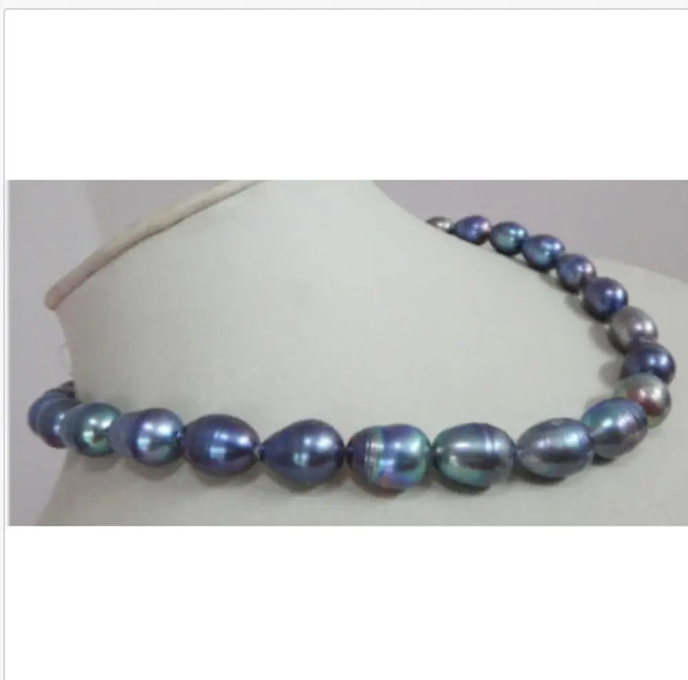 

gorgeous 11-12mm south sea baroque black blue pearl necklace 18inch 925silver