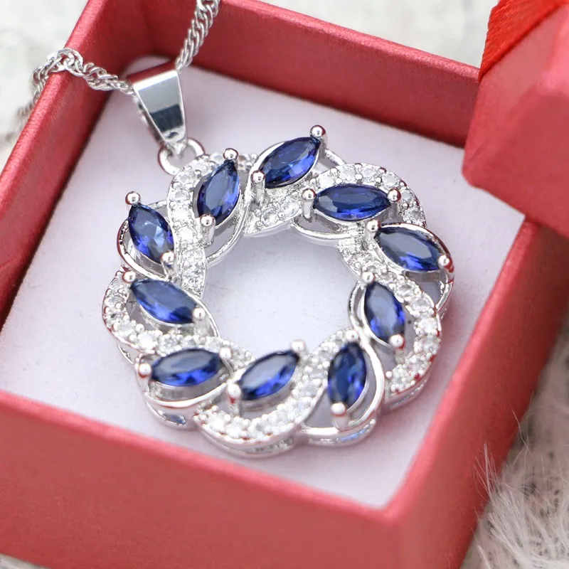 Round Pendant Blue Stones White Crystal 925 Silver Pendant Necklace for Women