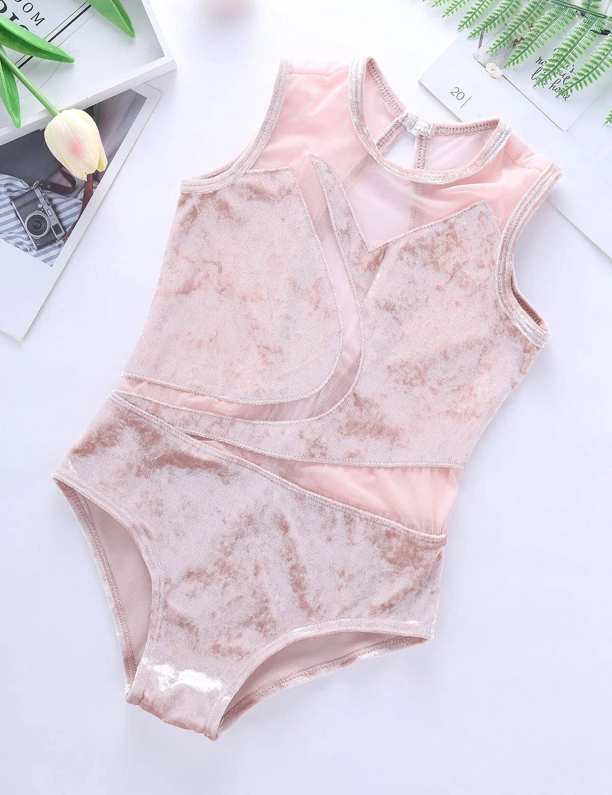 Kids Girls Gymnastics Swimsuit for Dancing Sleeveless Pleuche Mesh Splice Ballerina Costume Cutout Back Ballet Leotards Jumpsuit