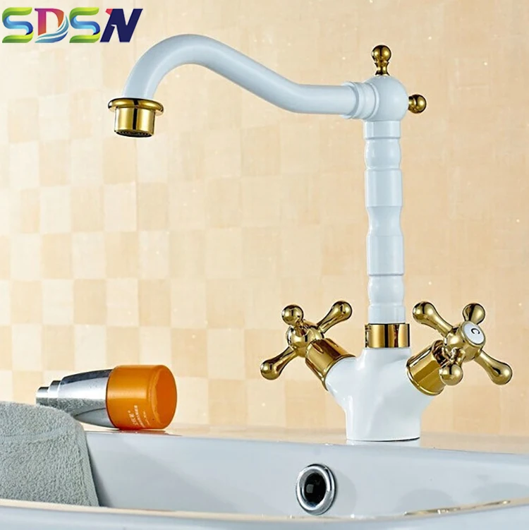 

Kitchen Sink Tap Mixers White Basin Faucet-mixers Single Lever Bathroom Basin Tap Sink Tap with Dual Gold Handle Modern Faucets