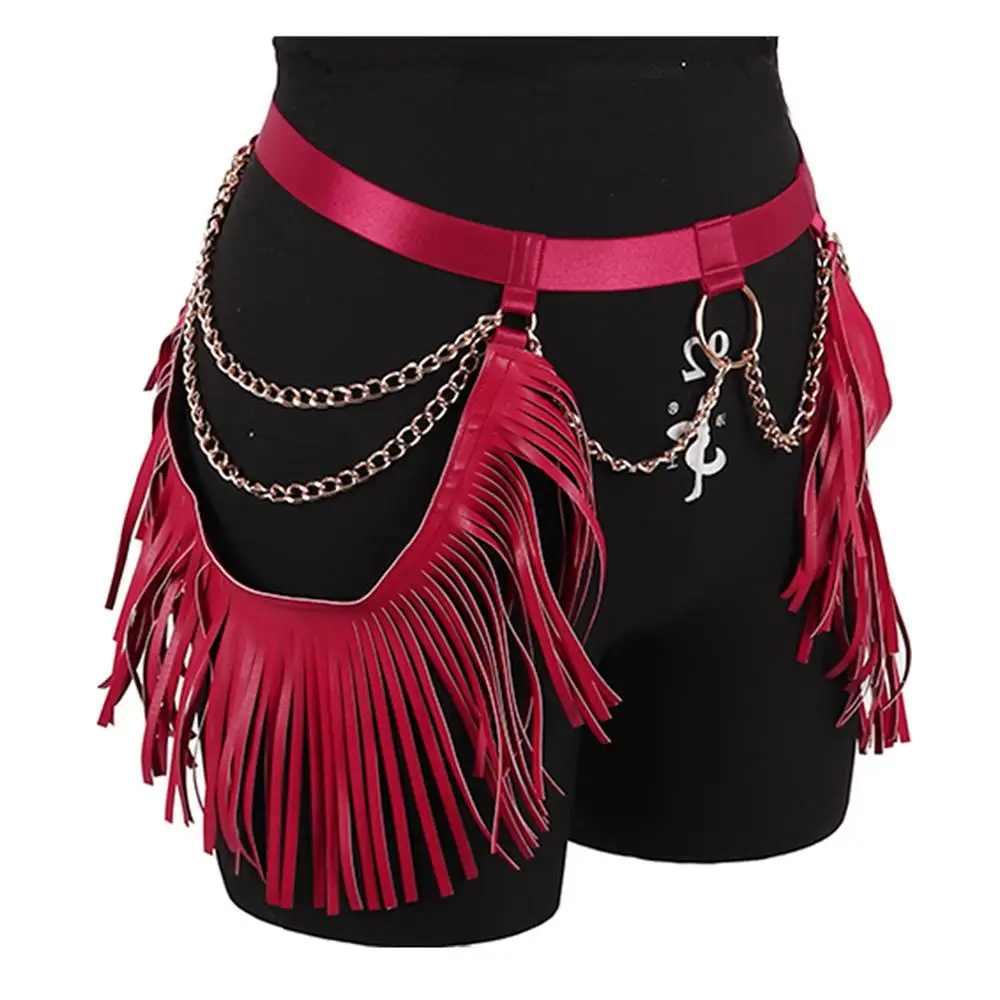 Tassel Skirt Garter Body Harness Gothic Chain Ring Waist Cage Red Strappy Elastic Plus Size Sexy SuspenderParty Rave Thigh Belts