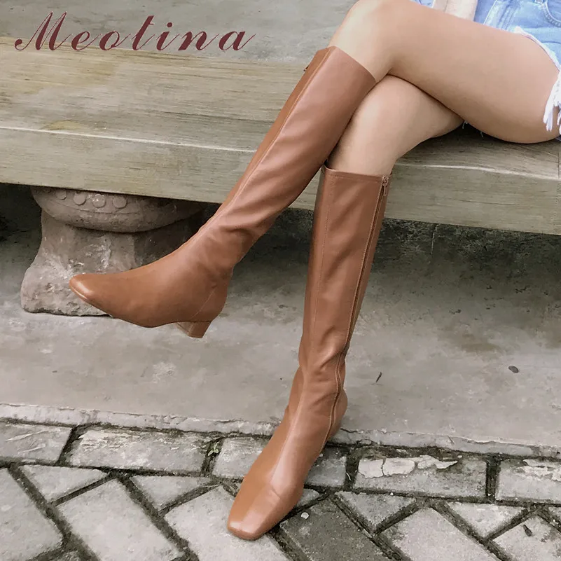 Meotina Women Riding Boots Shoes Genuine Leather Low Heel Long Boots Zip Square Toe Thick Heels Long Boots Female Autumn Winter