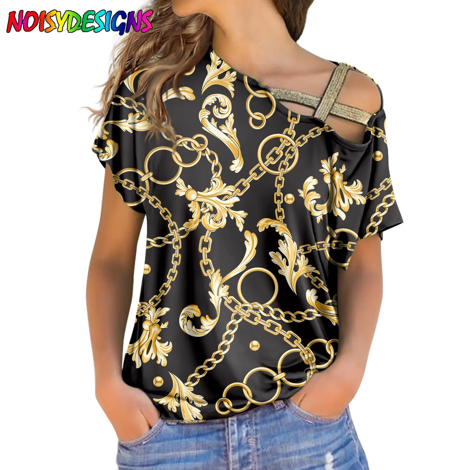 NOISYDESIGNS Womens Sexy Shoulder Short Sleeves T-Shirt Euporean Floral Print Casual Oblique Neck Loose Tops Mujer Camisetas