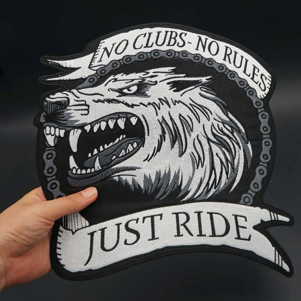 NO CLUBS NO RULES JUST RIDE Wolf Embroidery Patch Badge Cloth Leather Jacket Decoration Back High-grade Iron-On