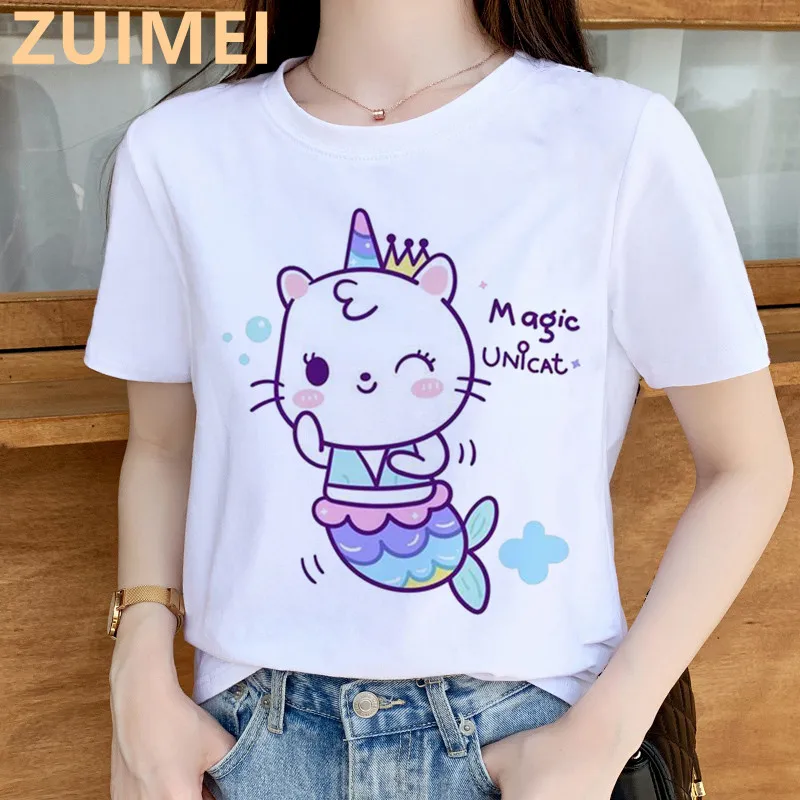 Cute Unicorn Cat Mermaid Summer Women's T-shirt Casual ladies basic O-collar Short Sleeved White Women's T shirt Girl,Drop Ship