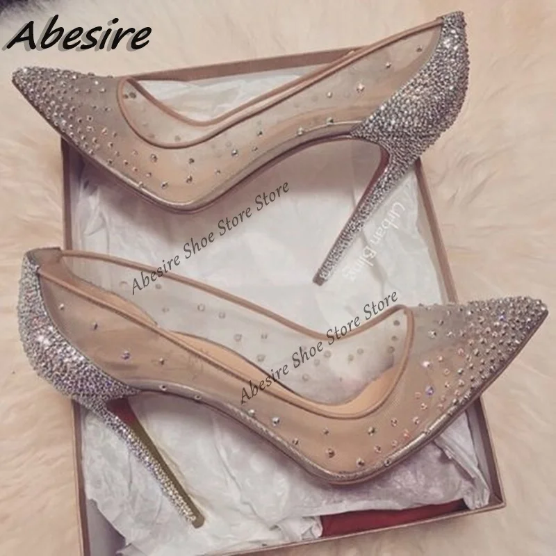 Abesire New Pumps Shallow Crystal Stilettos Solid Pumps Beige High Heels Woman Summer Spring Shoes Fashion Party Sexy Big Size