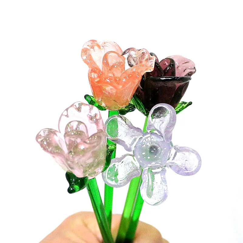 Hand Blown Glass Rose Flower Art Figurines Craft Wedding Valentine's Day Favors Gifts Table Decoration Ornament Long Handle 16cm