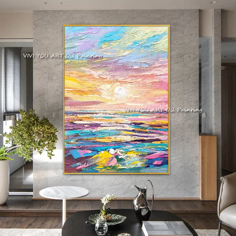 100% Hand painted colorful ocean oil painting romantic pink knife canvas handmade modern artist home decoration wall art