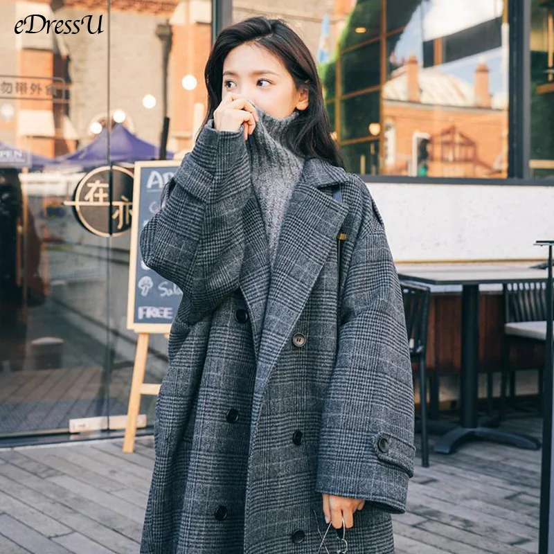 eDressU Woman Long Wool Coat Plaid High Quality Loose Oversize Autumn Winter Jacket Elegant Korean Office Lady Overcoat SY-0724