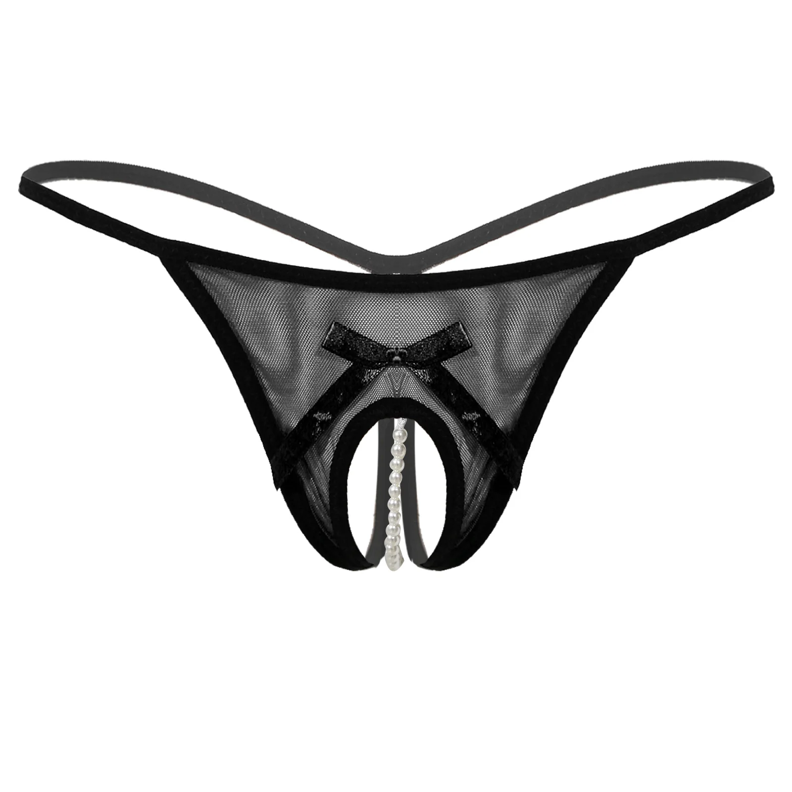 Sexy Women Open Crotch Panties Erotic with Bead Sheer Mesh Crotchless Briefs Artificial Pearls T-Back Underpants Underwear