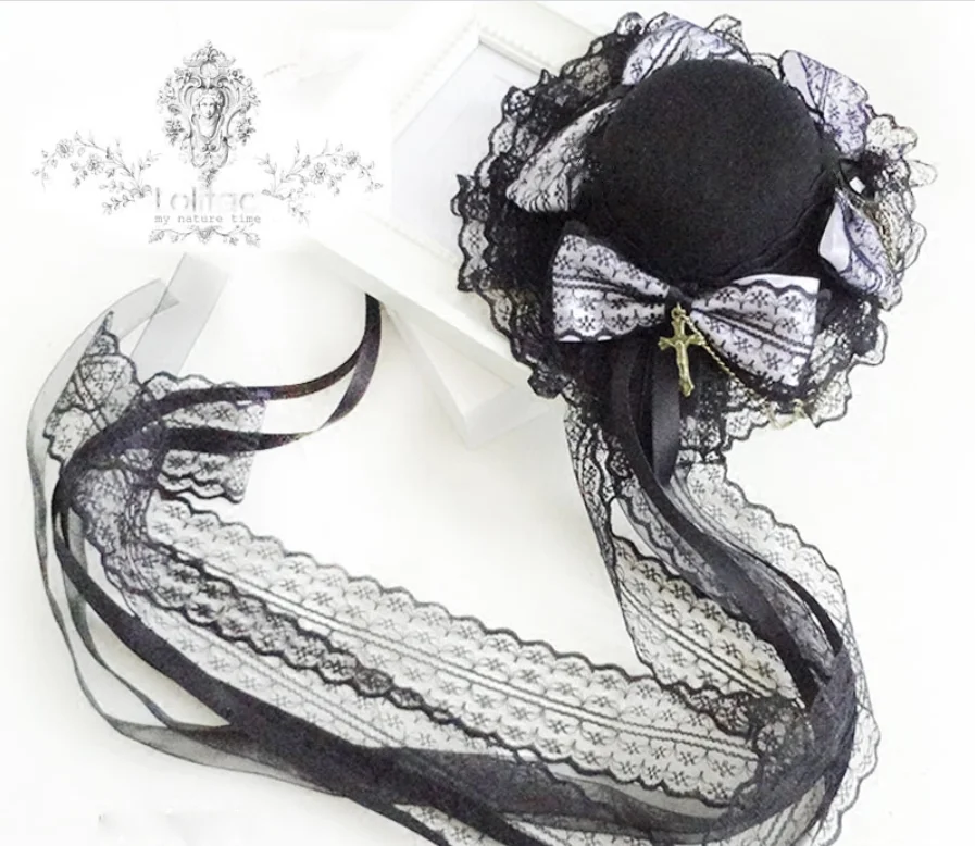 Gothic Đậm Lolita Đen Trắng Nơ Nón Hoa Bi Barrettes Lolita Mũ Đội Đầu Túi Vintage Đeo Chéo Phụ Kiện Tóc