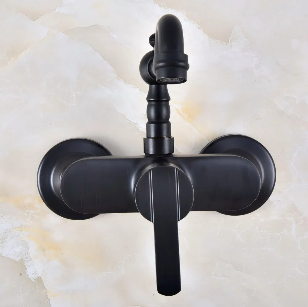 Black Oil Rubbed Brass Wall Mounted Single Handle Lever Bathroom Kitchen Sink Faucet Mixer Tap Swivel Spout anf844