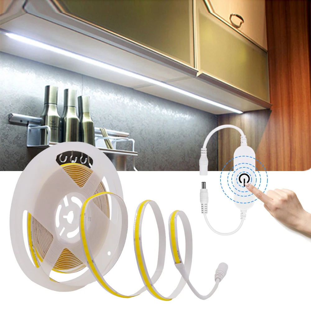 DC 12V 24V COB LED Strip dengan Adapter Touch Dimmer Sensor Switch 320 384 528LEDs/M LED Light Tape Kitchen Cabinet Backlight