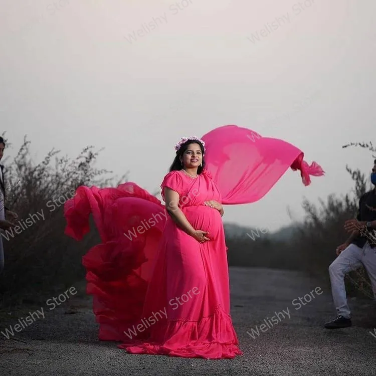 Plus Size Hot Pink A Line Draped Soft Mesh Long Maternity Dresses Women Ruffled Bottom Bridal Party Dress With Train Váy bầu