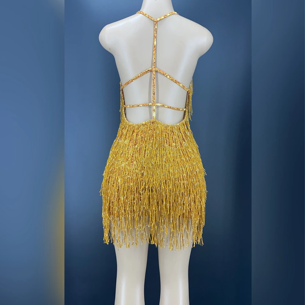 Sexy Stage Gold Fringes Dance Costume Party Outfit Tassel Bodysuit Evening Birthday Party Stage Wear Nightclub Performance Dress