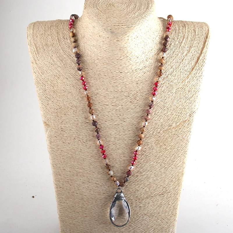 Fashion Bohemian Jewelry Natural Stones Crystal Knotted Glass Drop Pendant Necklaces Women Lariat Necklace