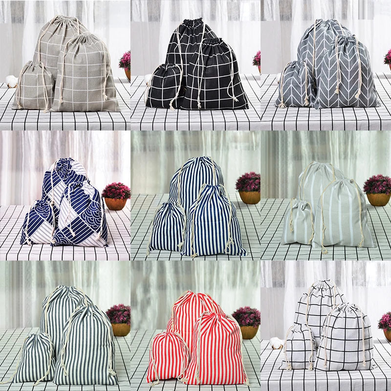 Geometric Plaid Stripe Drawstring Cotton Linen Storage Bag Gift Candy Jewelry Organizer Makeup Cosmetic Coins Keys Bags 49007