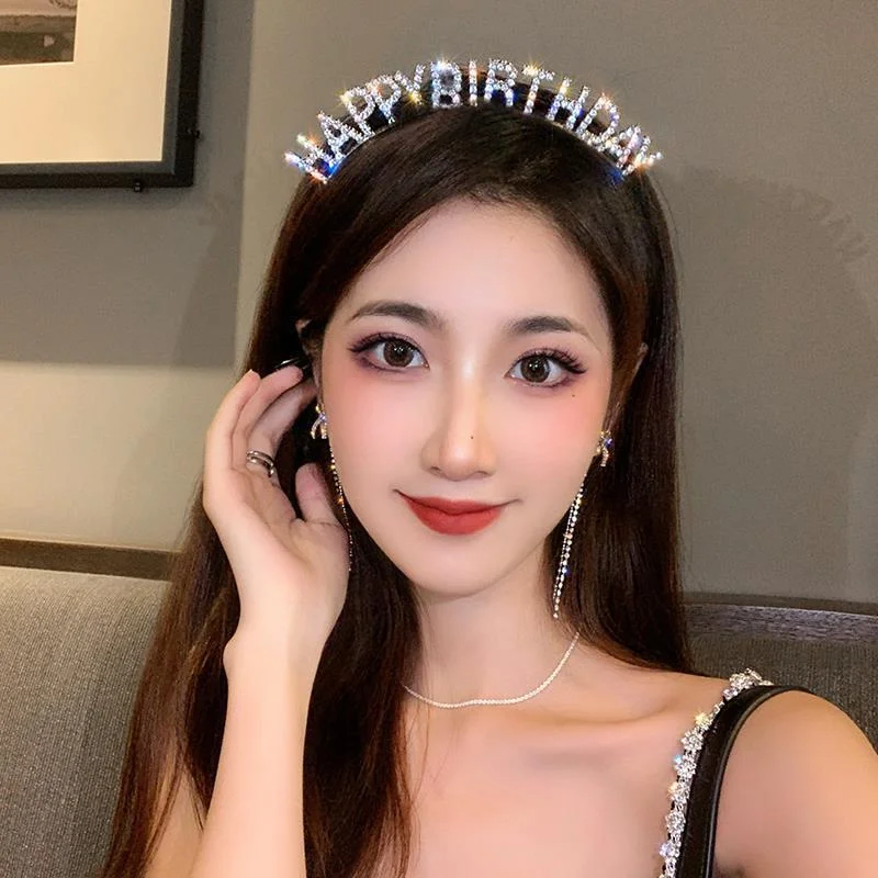 Happy Birthday Headband Hair Hoop Woman Rhinestone Letter Hairbands Light Luxury Metal Headband Women Girl Kids Crowns Hair Hoop