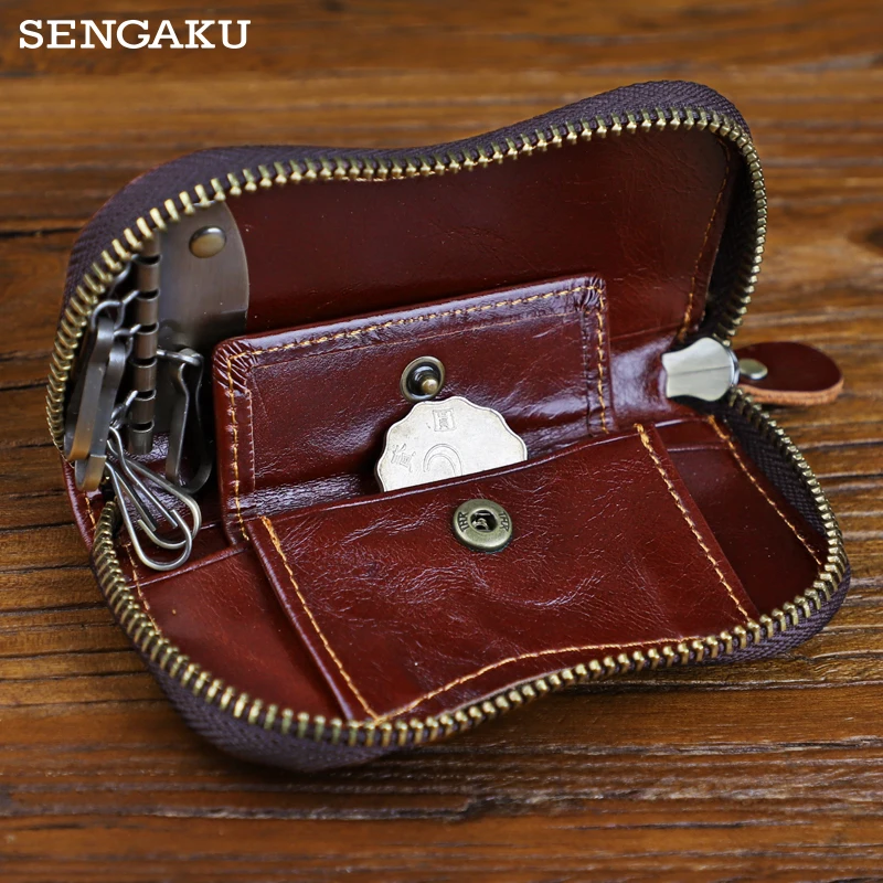 Cartera de piel auténtica Vintage para hombre, portatarjetas de crédito, monedero, bolsa de almacenamiento con cremallera