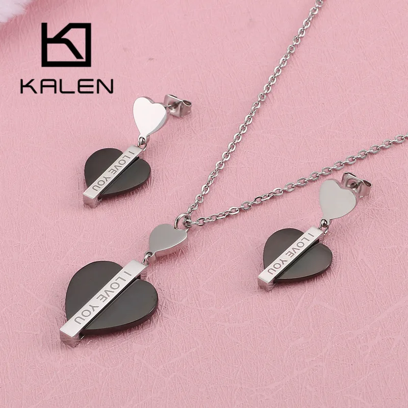 Kalen Romantic Heart Letter I Love You Chain Necklaces Drop Earrings Sets For Women Tri-color Stainless Steel Lady Jewelry Sets