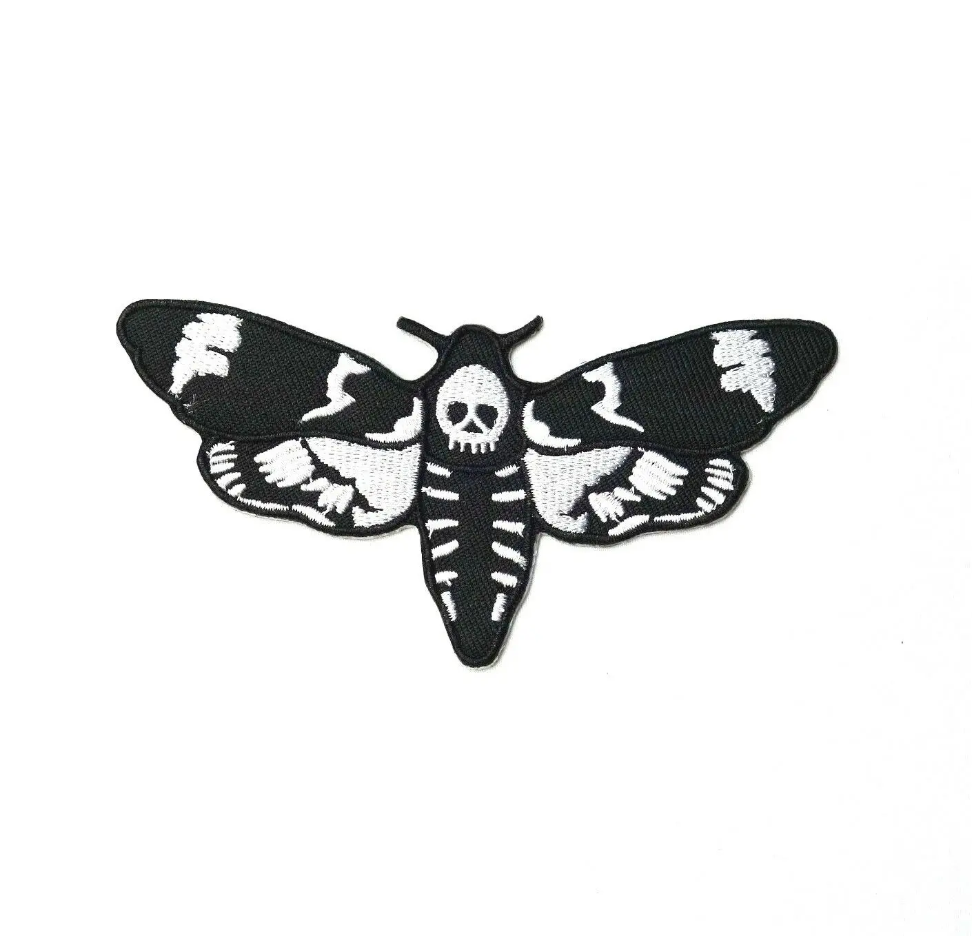 Hot! Black & White Moth Skull Deaths Head Patch Iron-On, Biker Alt, Skeleton (≈ 9.8-5 cm)