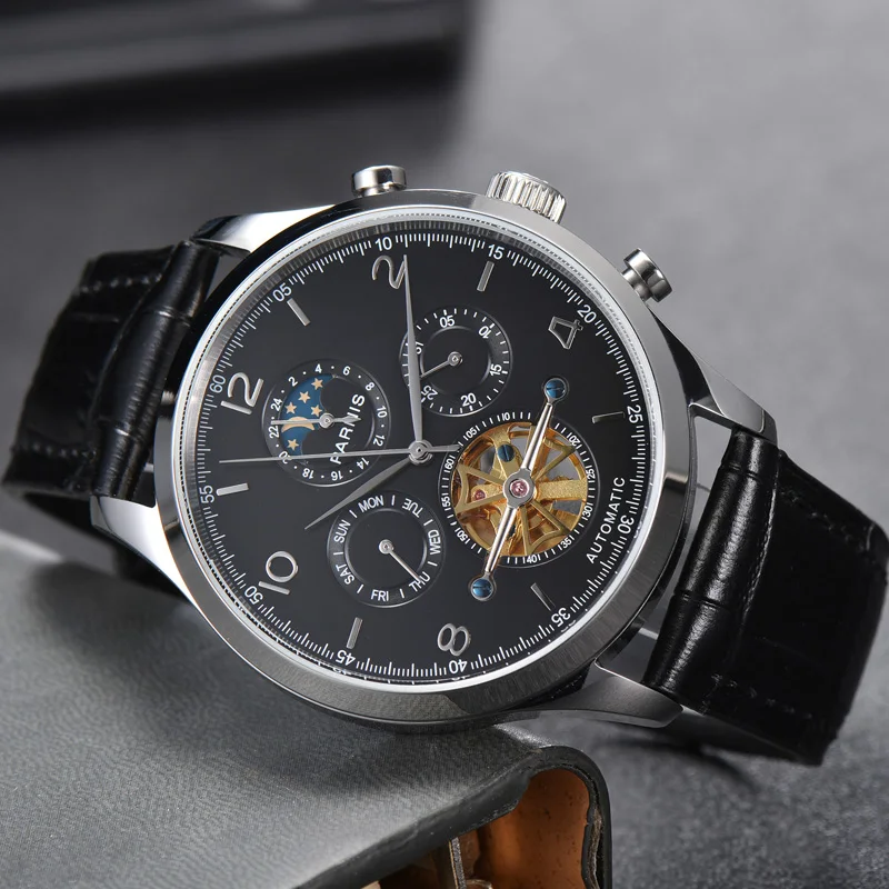 PARNIS Self Winding Movement 43mm Mechanical Men Watch Date Week Function Silver Color / Rose Gold Color Case Leather Strap