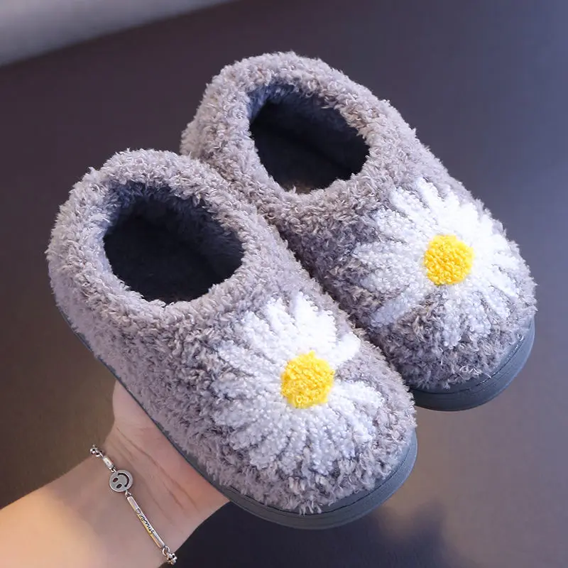 Daisy Children Furry Slippers Autumn Winter Warm Home Indoor Cotton Fluffy Slippers Comfort Non-Slip Boys Girls Toddler Shoes