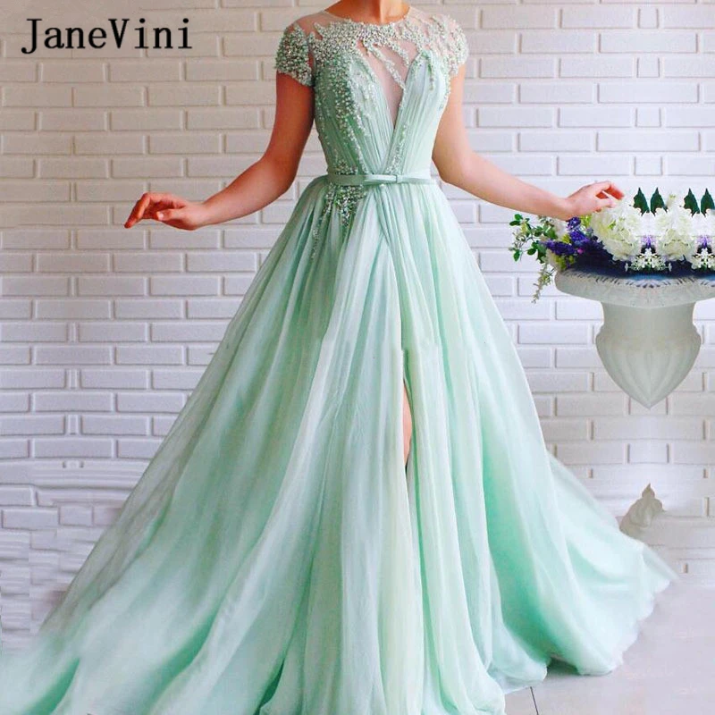 JaneVini Mint Green Sexy Prom Dress with Sleeves 2022 Luxury Beaded Pearls Tulle Robe Side Slit Long Dresses for Women Plus Size