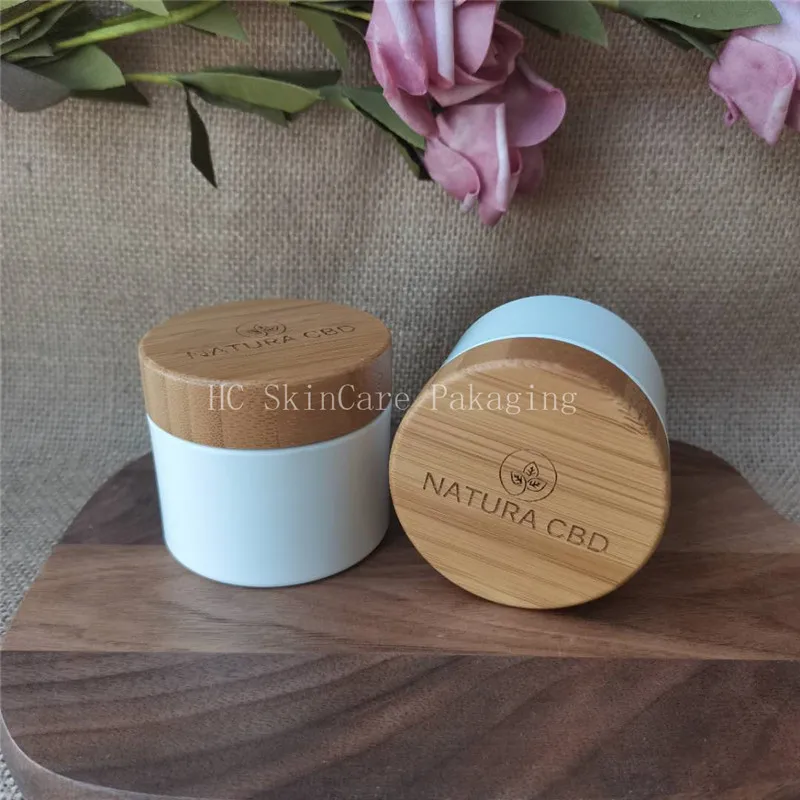 

100pcs/lot 10/30/50/100/150/200/250g white PP plastic bamboo cap cream jar for body cream ,CBD Hemp Cream wood containers