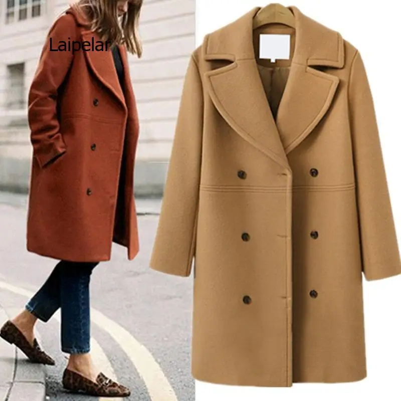 

Elegant Double Breasted Long Ladies Coat oversized Outwear Winter Women Wool Coats Casual Effects Jackets Woolen Overcoat