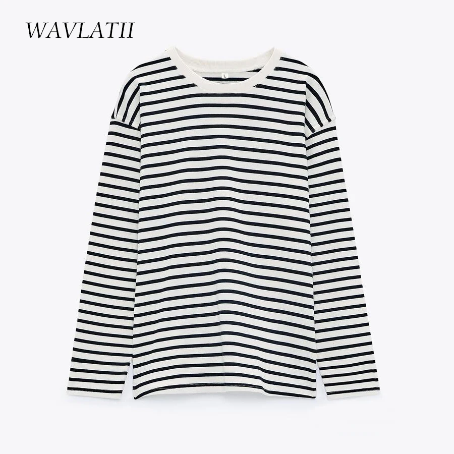 WAVLATII 2021 New Women Striped Long Sleeve T-shirts Female Streetwear Autumn Spring Cotton Tees Tops WLT2110