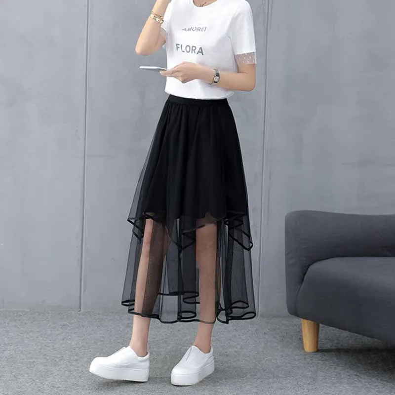 Mesh Skirts Women Summer Asymmetrical Design Harajuku Ladies Irregular Pure Color Mid-calf Hot Sale College Casual Fashion Ins