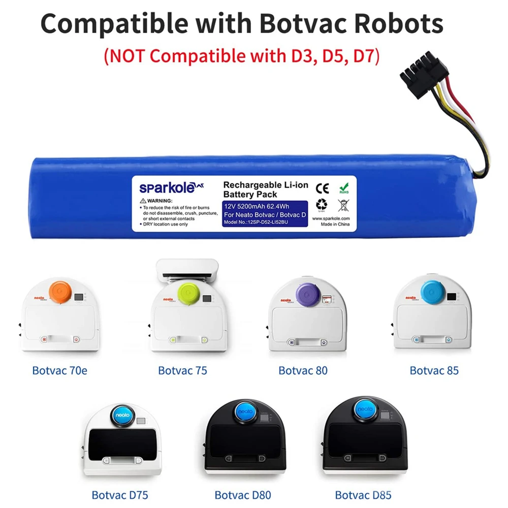 Sparkole 5200mAh 12V Li-ion Replacement Battery For Neato Botvac D Series Vacuum Cleaners Neato Botvac 70e 75 80 85 D75 D80 D85