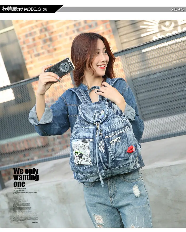 New Women Diamond Backpack Denim Canvas Fabric Drawstring Bucket Bag Personality Trend Ladies School Bag Spring Autumn Denim Bag