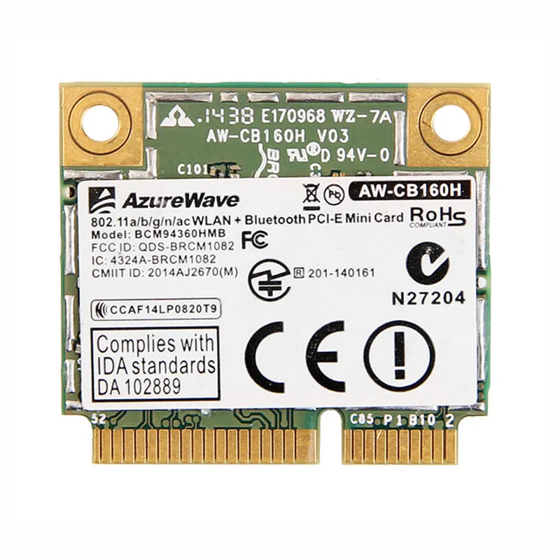 Azurewave AW-CB160H broadcom bcm94360hmb 802.11ac 1300mbps,ワイヤレスwifi,wlan,bluetooth 4.0,ミニpci-eカード20cm mhf4アンテナ